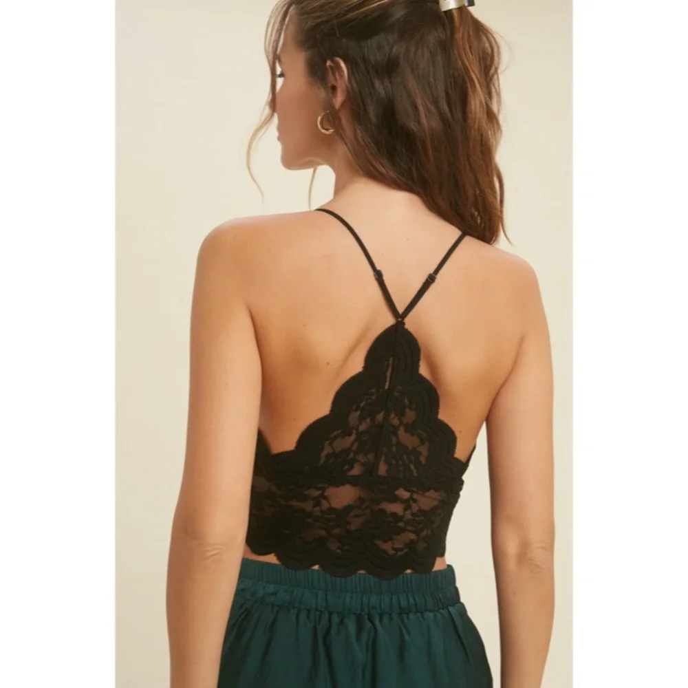 SOLD OUT Black Sheer Lace Scalloped Longline Padded Brami Bralette - Picture 3 of 4